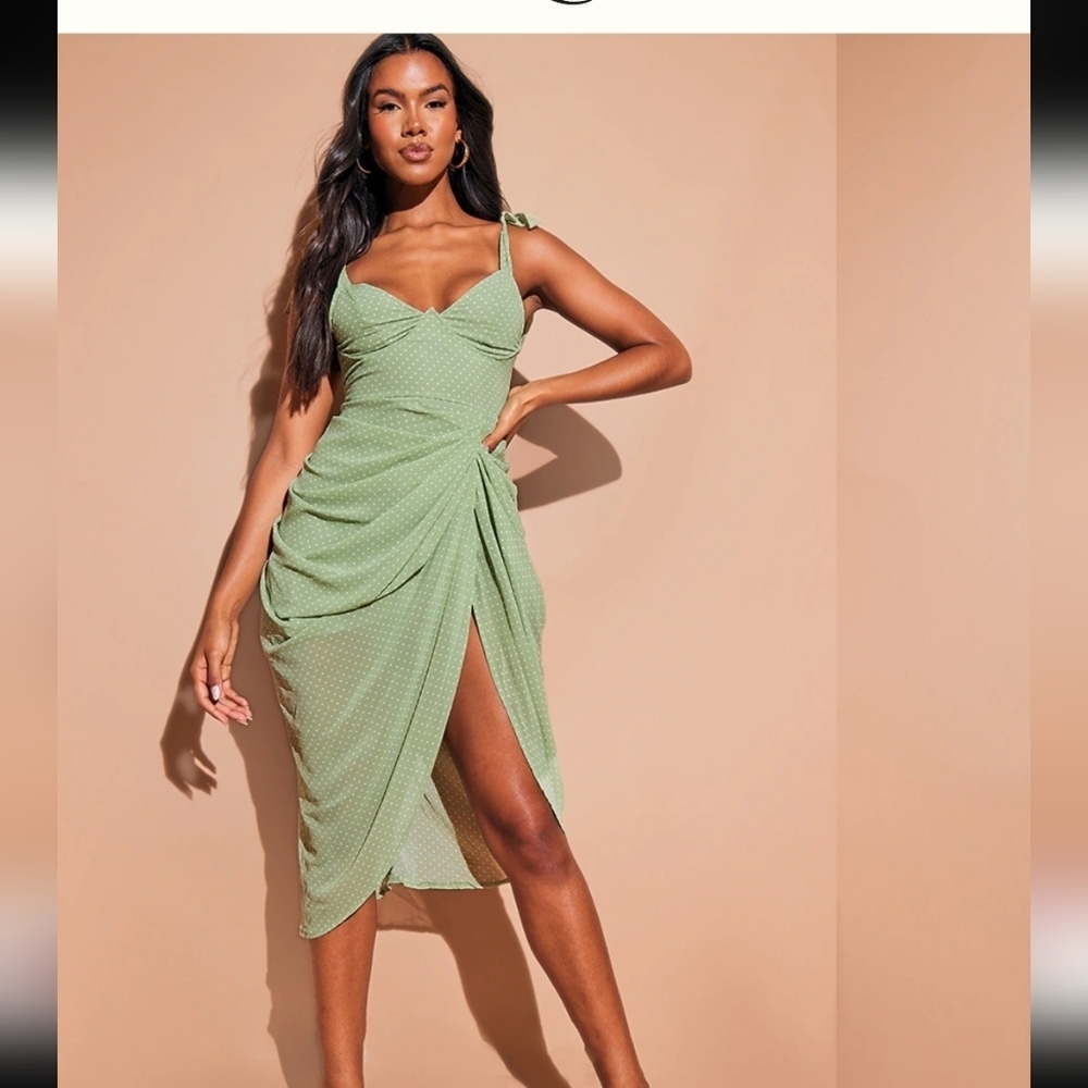PrettyLittleThing Green White Polka Dot Midi Dress NWT Ladies Size 12 Event